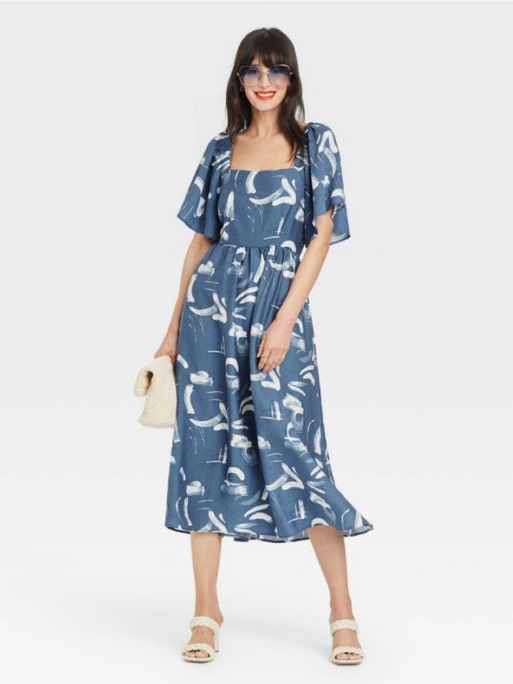 Blue Printed Square-Neck Midi Dress